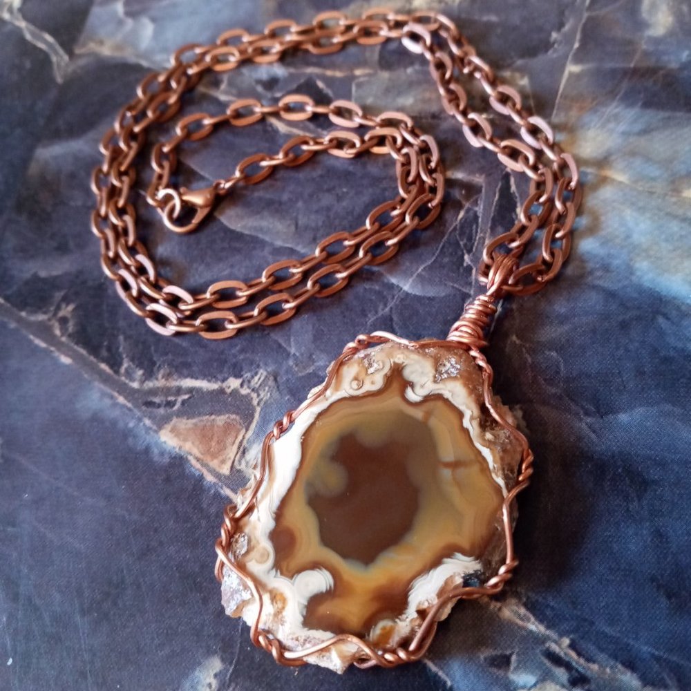 Wire Wrapped Agate Slice Pendant Necklace
